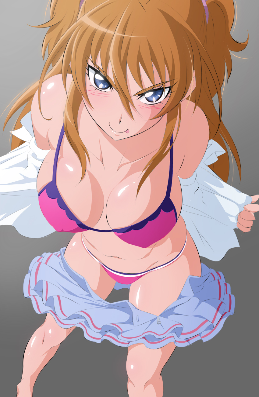 1girl :p blue_eyes blue_skirt bra breasts brown_hair collarbone dress_shirt from_above fuchi_(nightmare) gradient_background grey_background hair_between_eyes highres houjou_hibiki large_breasts long_hair looking_at_viewer navel panties precure purple_bra purple_panties shirt skirt smile solo standing stomach suite_precure tongue tongue_out two_side_up underwear undressing white_shirt