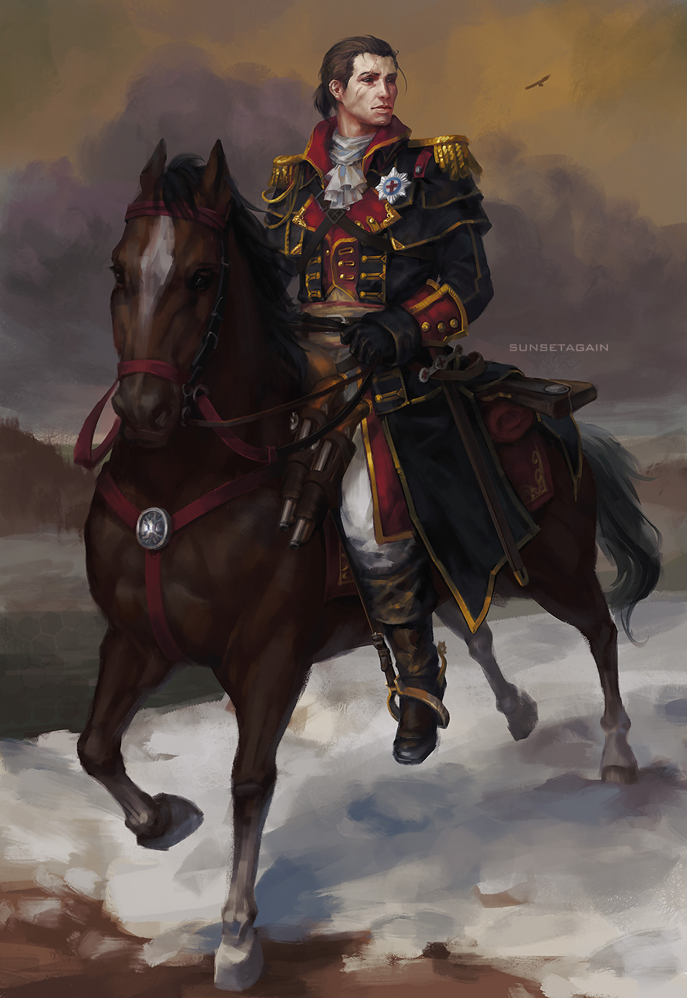 1boy aristocratic_clothes artist_name assassin's_creed:_rogue assassin's_creed_(series) black_coat black_gloves black_hair boots brown_footwear coat commentary english_commentary epaulettes gloves highres horse horseback_riding looking_to_the_side outdoors pants riding shay_patrick_cormac snow sunsetagain watermark white_pants