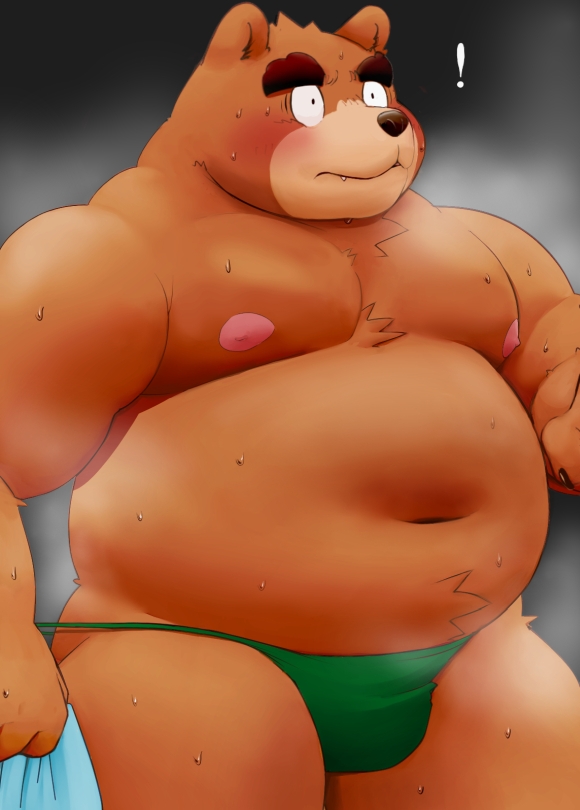 2023 anthro bear belly big_belly blush brown_body clothing exclamation_point kemono male mammal meg_hoi moobs navel nipples overweight overweight_male solo surprise towel underwear