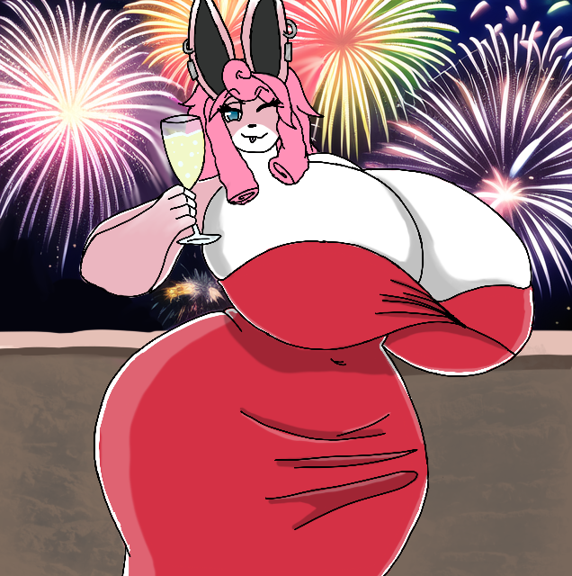 anthro big_breasts blinking blue_eyes breasts clothed clothing container cup dress ear_piercing female fireworks generation_1_pokemon hair holidays huge_breasts maria_(bunbun_maria) new_year nintendo piercing pink_body pink_hair pokemon pokemon_(species) red_clothing red_dress skaylaart solo white_body wigglytuff