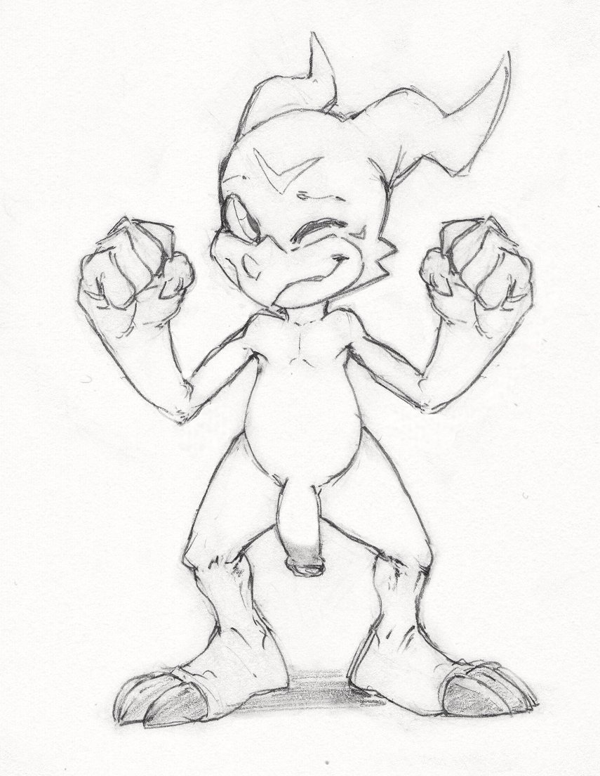 anthro balls bandai_namco claws cyancoyote digimon digimon_(species) flaccid genitals horn looking_at_viewer male one_eye_closed penis scalie short_stack simple_background solo traditional_media_(artwork) veemon white_background wink