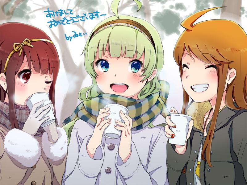 3girls ^_^ ahoge aqua_eyes bare_tree black_coat blue_coat blue_scarf blunt_bangs brown_coat brown_eyes brown_hair brown_hairband bush buttons closed_eyes coat collarbone commentary_request cup disposable_cup eyelashes fingernails floral_print fur-trimmed_hood fur-trimmed_sleeves fur_trim gloves green_hair hair_ribbon hairband holding holding_cup hood hood_down hooded_coat idolmaster idolmaster_million_live! light_blush long_hair long_sleeves multiple_girls nail_polish name_tag one_eye_closed open_clothes open_coat open_mouth outdoors plaid plaid_scarf red_nails ribbon scarf shimabara_elena shirt sidelocks smile snow steam straight_hair tanaka_kotoha teeth tokoro_megumi tree upper_body upper_teeth_only wavy_hair white_gloves white_shirt winter winter_clothes witoi_(roa) yellow_hairband yellow_ribbon