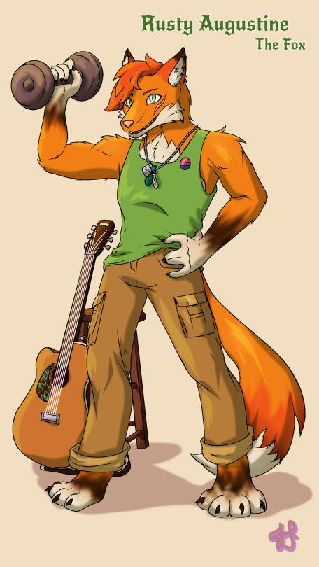 anthro bisexual_pride_colors canid canine clothed clothing fox guitar lgbt_pride male mammal musical_instrument plucked_string_instrument pride_colors string_instrument weightlifting.