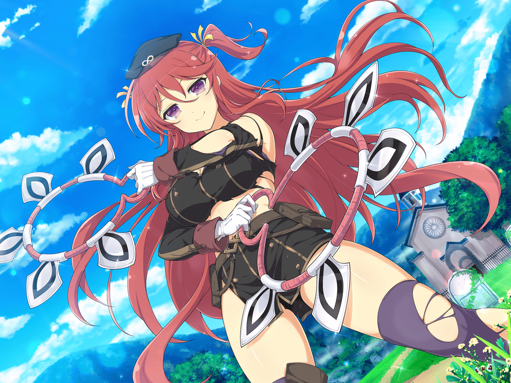 1girl ashiya_(senran_kagura) belt belt_pouch blue_sky boots breasts brown_belt brown_footwear chakram church cloud day dual_wielding fence gloves grass grave graveyard hair_tie hat holding holding_weapon hoop iron_fence large_breasts lens_flare light_particles linea_alba long_hair looking_at_viewer mountainous_horizon official_alternate_costume official_art outdoors path pouch purple_eyes purple_thighhighs red_hair senran_kagura senran_kagura_new_link side_ponytail single_thigh_boot sky smile solo standing steeple thigh_boots thighhighs tombstone torn_boots torn_clothes torn_sleeves torn_thighhighs tree uniform weapon yaegashi_nan