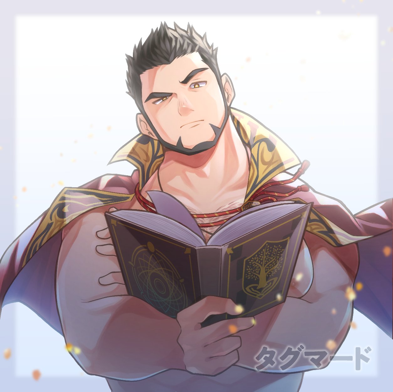 1boy abs alternate_facial_hair bara bare_pectorals beard book chest_hair crave_saga facial_hair foreplay head_tilt highres holding holding_book jewelry large_pectorals looking_at_viewer male_focus mature_male multiple_rings muscular muscular_male no_shirt osu(statatatatatata) pectorals raised_eyebrow ring short_hair solo tagmard_(crave_saga) thick_eyebrows undercut upper_body