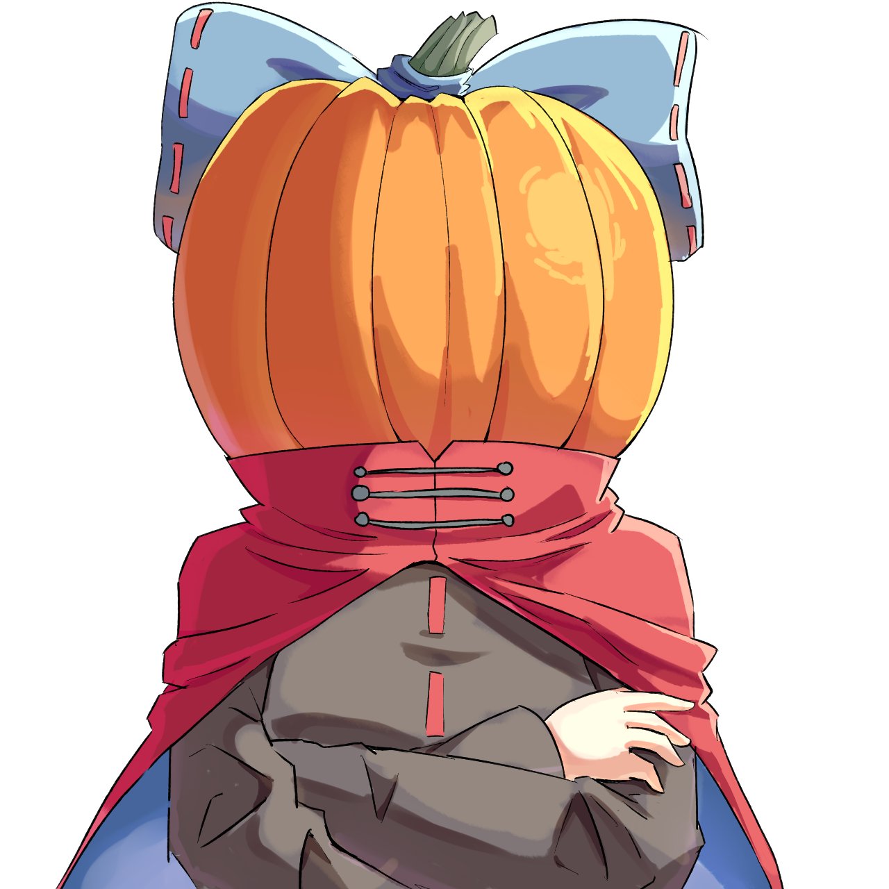 1girl black_jacket blue_bow bow cape crossed_arms disembodied_head headless highres jacket large_bow long_sleeves praeto pumpkin red_cape sekibanki simple_background solo touhou white_background