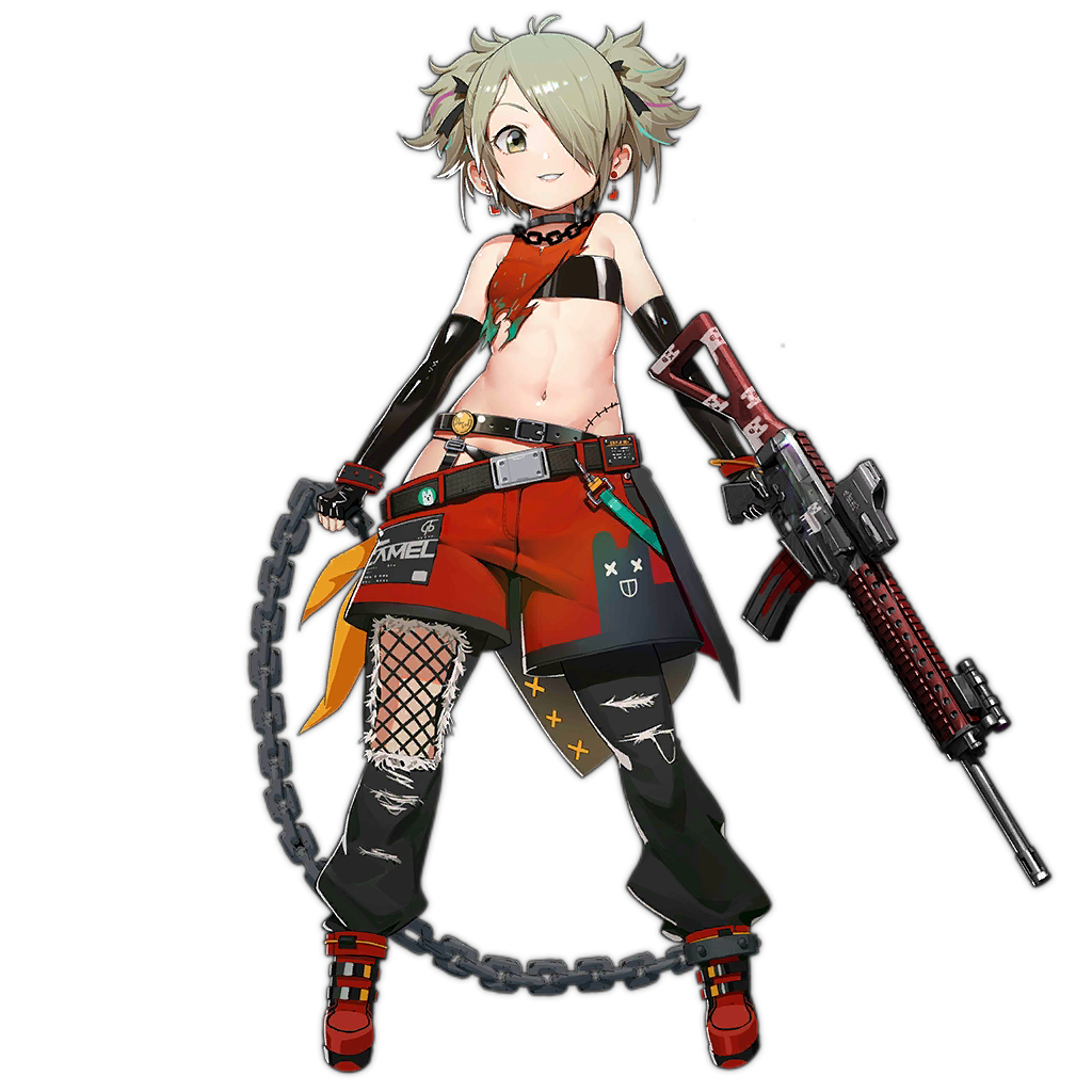 1girl ahoge animal_print assault_rifle bandana bare_shoulders belt black_gloves black_panties black_pants black_tube_top boots breasts chain chain_necklace chained collar earrings fingerless_gloves fishnet_thighhighs fishnets full_body girls'_frontline gloves green_eyes grey_hair grin gun gun_decal hair_over_one_eye heart heart_earrings holding holding_chain holding_gun holding_weapon jewelry layered_clothes llama_print looking_at_viewer midriff multicolored_hair multiple_belts navel necklace official_art orange_bandana panties pants red_footwear red_shorts rifle scar_on_hip short_hair short_twintails shorts sig-556_(girls'_frontline) sig_sauer_556 simple_background single_fingerless_glove skindentation small_breasts smile solo standing stomach strapless streaked_hair thighhighs torn_cloth transparent_background tube_top twintails underwear waterkuma weapon x_x