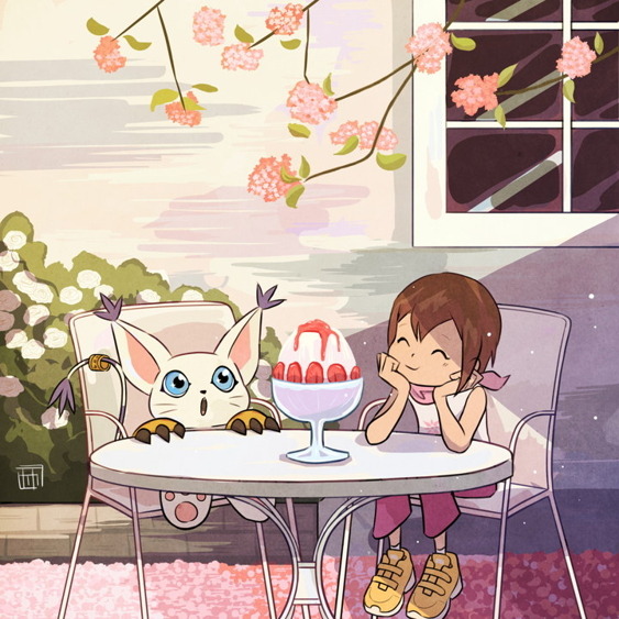 0hpotato blue_eyes brown_hair chair child closed_eyes digimon digimon_adventure flower food happy ice_cream pants pink_flower pink_pants plant smile table tailmon tree white_flower window yagami_hikari yellow_footwear