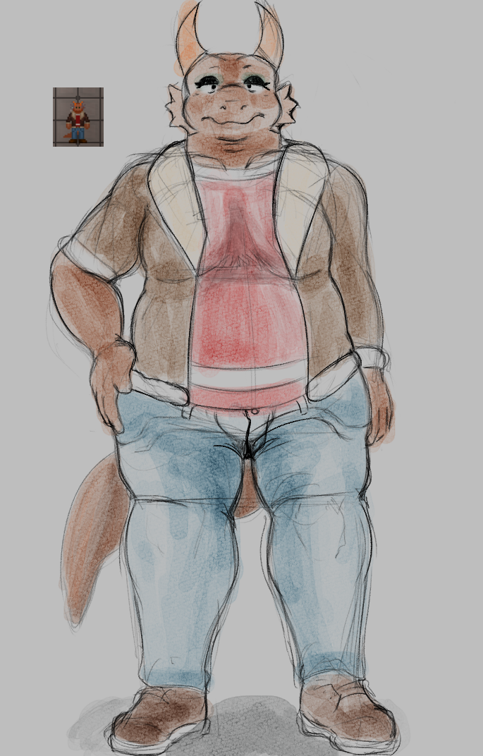 2019 ambiguous_gender anthro belly blue_bottomwear blue_clothing bottomwear brown_body brown_clothing brown_footwear brown_scales brown_shoes brown_topwear clothed clothing colored_sketch curved_horn denim denim_clothing digital_drawing_(artwork) digital_media_(artwork) ear_frill eyeshadow footwear frill_(anatomy) front_view frown full-length_portrait fully_clothed grey_background hand_on_hip horn jacket jeans looking_at_viewer looking_forward makeup mascara nobodyshouse pants portrait red_clothing red_topwear reference_image reptile scales scalie shirt shoes simple_background sketch slightly_chubby sneakers solo space_station_13 standing topwear unathi