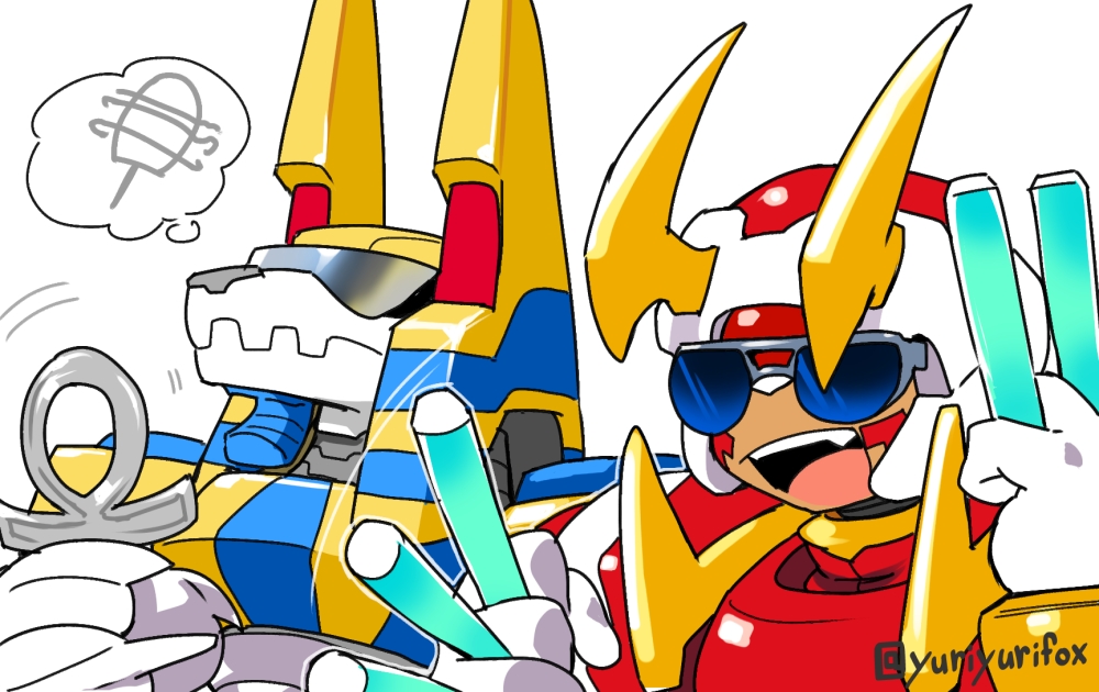 2boys android anubis_necromancess_(mega_man) commentary_request food ice_cream male_focus mega_man_(series) mega_man_zero_(series) multiple_boys simple_background sunglasses thought_bubble upper_body white_background yuriyuri_(ccc)