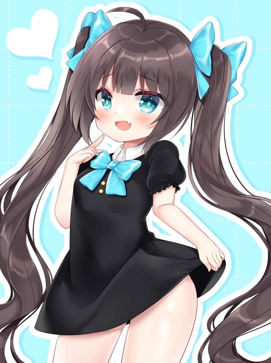 1girl :d ahoge bad_anatomy black_dress blue_background blue_bow blue_eyes blush bow breasts brown_hair collared_shirt commission dress fang hair_bow hand_up heart long_hair looking_at_viewer original outline puffy_short_sleeves puffy_sleeves shikito shirt short_sleeves skeb_commission small_breasts smile solo standing twintails very_long_hair white_outline white_shirt