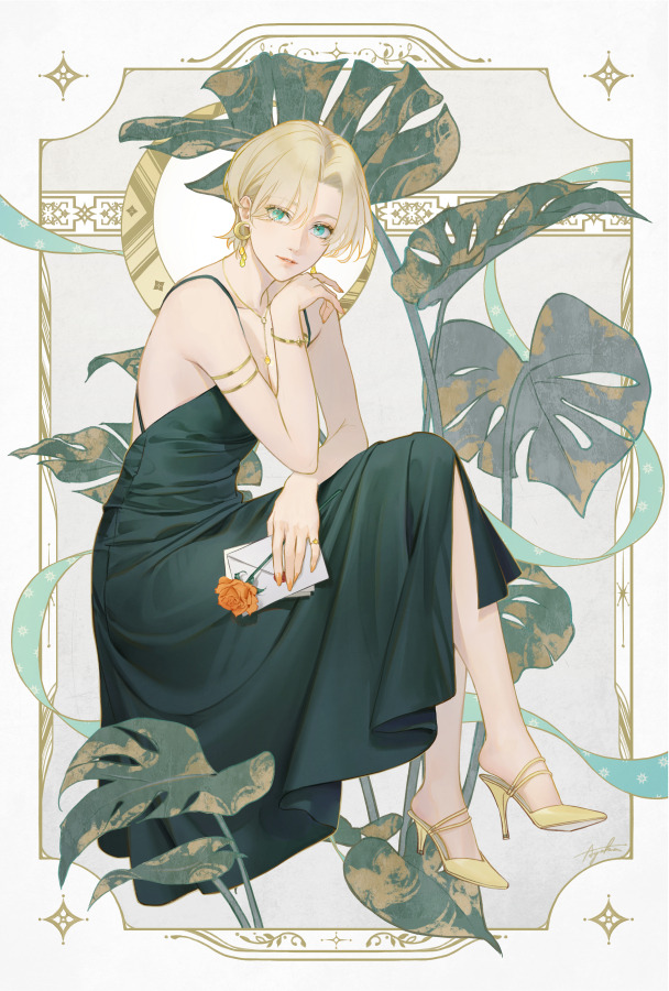 1girl aqua_eyes arm_up armlet art_nouveau black_dress blonde_hair bracelet breasts cleavage crescent crescent_earrings crossed_legs drawing dress earrings emblask flower hand_on_own_chin head_rest high_heels holding holding_flower holding_letter invisible_chair jewelry leaf letter light_smile looking_at_viewer monstera_deliciosa muted_color necklace original parted_lips patterned_background plant rose short_hair sitting sleeveless sleeveless_dress yellow_flower yellow_rose