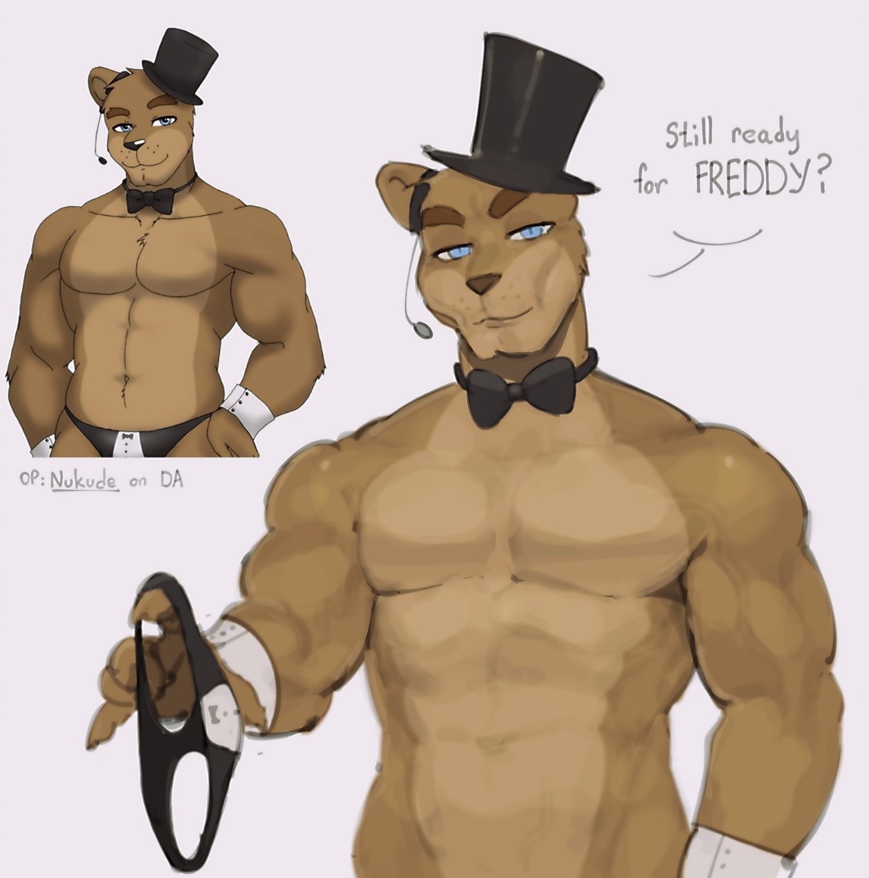 2023 abs anthro bear biceps biped blue_eyes bottomless bow_tie brown_body brown_fur brown_nose cheekbones clothed clothing dialogue digital_media_(artwork) english_text eyebrows five_nights_at_freddy's freddy_(fnaf) fur hat headgear headwear hi_res kogito male mammal meme muscular muscular_anthro muscular_male navel pecs redraw scottgames simple_background solo speech_bubble talking_to_viewer text top_hat underwear whisker_spots