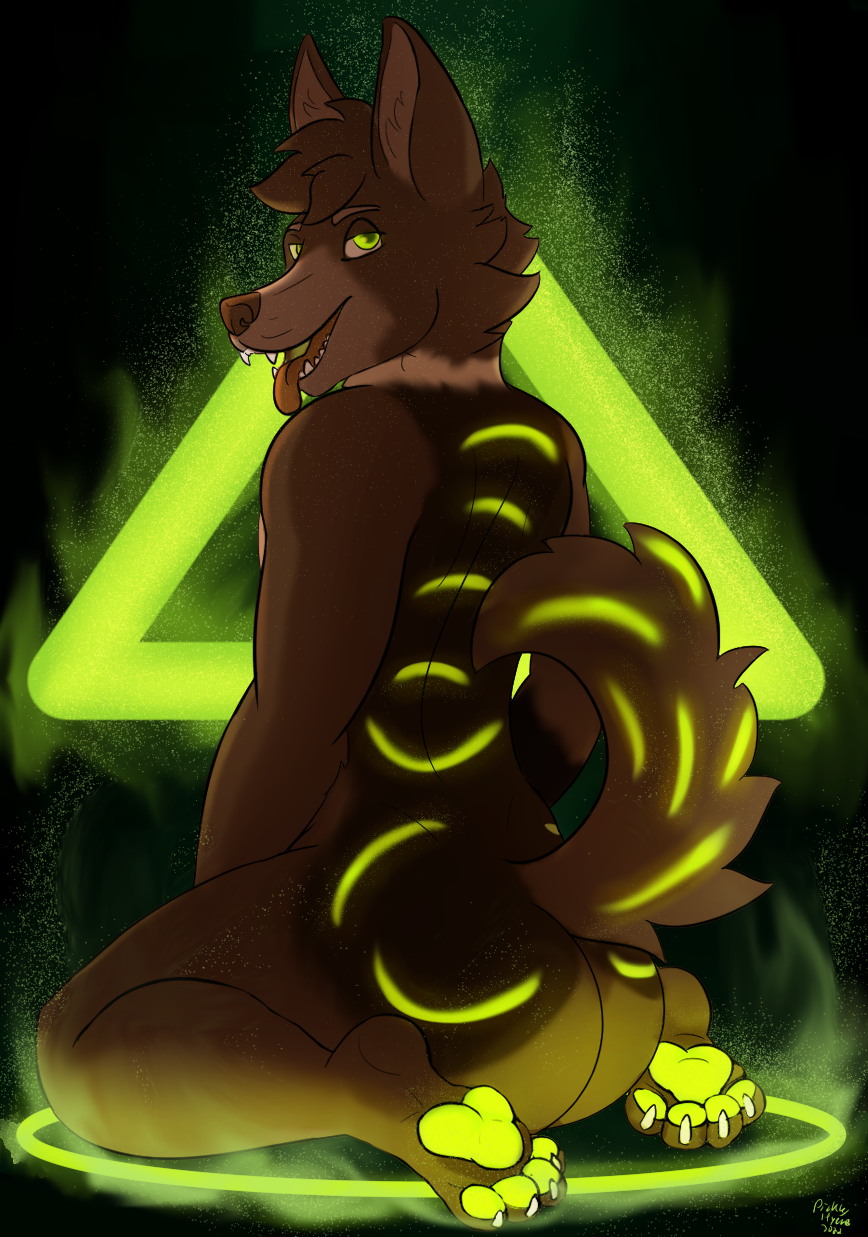 anthro bioluminescence butt canid canine glowing green_eyes hi_res looking_back male mammal nude pawpads paws pickles-hyena sitting solo