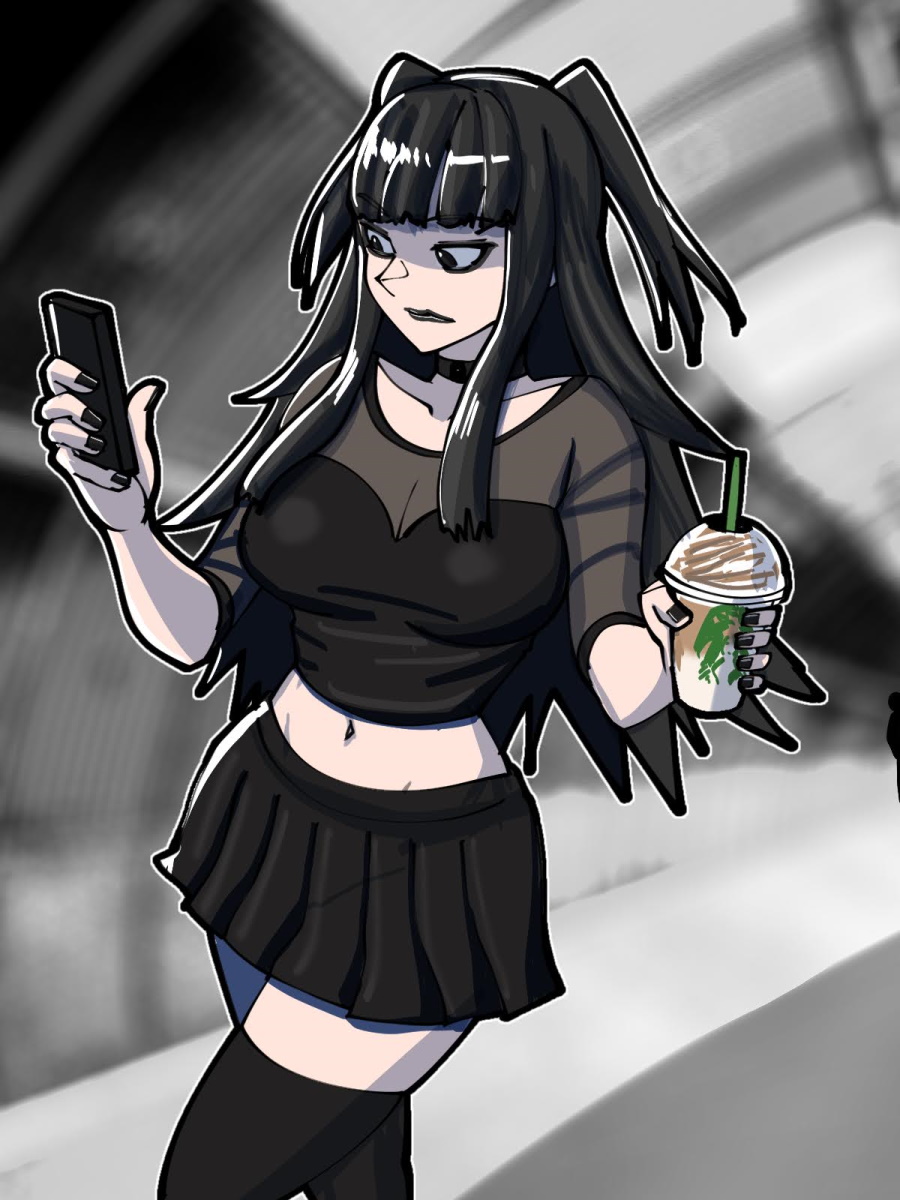 1girl alternate_costume bangs black_choker black_eyeliner black_eyes black_hair black_lips black_nails black_skirt black_thighhighs blunt_bangs breasts cellphone choker cleavage closed_mouth contemporary crop_top cup disposable_cup drink drinking_straw english_commentary eyeliner fingernails fire_emblem fire_emblem_awakening gothic grey_outline groin highres holding holding_cup holding_phone large_breasts looking_at_phone makeup midriff miniskirt mnejing30 nail_polish navel outline phone pleated_skirt skirt smartphone solo starbucks tharja_(fire_emblem) thighhighs two_side_up walking zettai_ryouiki