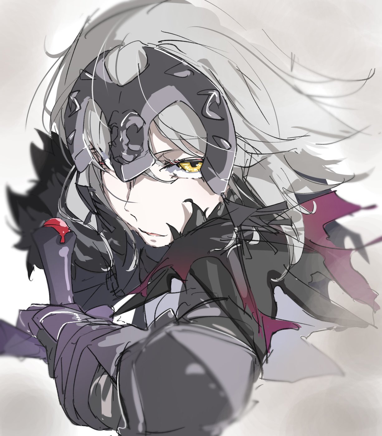 1girl armored_gloves cowter fate/grand_order fate_(series) fur_collar fur_trim head_tilt headpiece highres hilt jeanne_d'arc_alter_(avenger)_(fate) jeanne_d'arc_alter_(fate) looking_at_viewer pale_skin parted_lips ri_o_ne_su serious simple_background solo tsurime white_background yellow_eyes