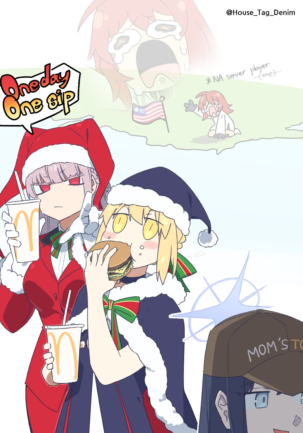 ahoge american_flag artoria_pendragon_(fate) baseball_cap black_gloves black_hair black_santa_costume blonde_hair blue_archive blue_eyes blush braid breasts burger cape christmas costume_combination cup disposable_cup dress drinking_straw eating fate/grand_order fate_(series) florence_nightingale_(fate) florence_nightingale_(santa)_(fate) food fujimaru_ritsuka_(female) fujimaru_ritsuka_(female)_(decisive_battle_chaldea_uniform) fur-trimmed_cape fur-trimmed_headwear fur_trim gloves halo hat highres holding house_tag_denim jacket large_breasts long_hair long_sleeves looking_at_viewer mcdonald's mom's_touch multiple_girls no_mask official_alternate_costume orange_eyes orange_hair pink_hair red_eyes red_headwear ribbon saber_alter santa_alter santa_costume santa_hat saori_(blue_archive) short_hair solo striped striped_ribbon united_states white_dress white_gloves white_jacket yellow_eyes