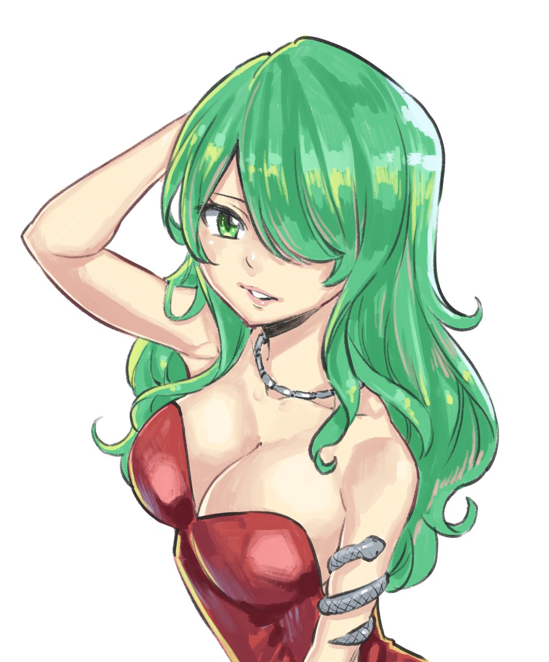 1girl bare_shoulders breasts cleavage collarbone dress green_eyes green_hair hair_over_one_eye highres jewelry large_breasts long_hair looking_at_viewer mashima_hiro necklace official_art rave red_dress reina_(rave) simple_background snake_armband solo strapless strapless_dress upper_body white_background