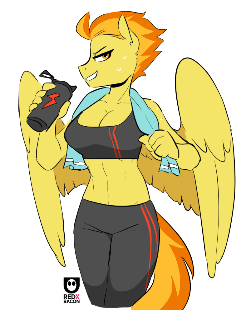 after_exercise bodily_fluids bottle breasts cleavage clothed clothing container equid equine female friendship_is_magic fur hair hasbro mammal multicolored_hair my_little_pony orange_hair pegasus redxbacon smile spitfire_(mlp) sweat towel two_tone_hair water_bottle wings wonderbolts_(mlp) yellow_body yellow_fur