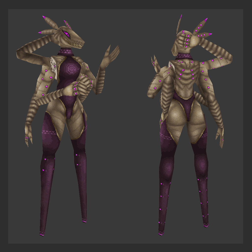 3d_(artwork) android antennae_(anatomy) anthro butt clothing digital_media_(artwork) dtstat female flat_chested hand_behind_head leotard low_poly machine multi_arm multi_limb pegleg purple_eyes raised_hand robot solo story story_in_description tan_body toothy_grin