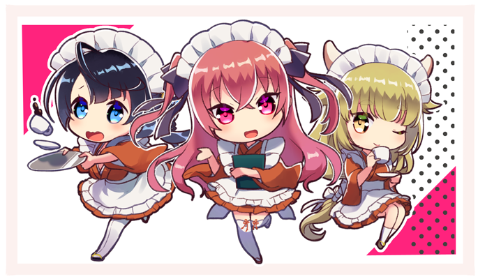 3girls apron blonde_hair blue_eyes blue_hair chibi closed_mouth clumsy commentary_request cow_horns cup fake_horns frills goou_yoshimitsu holding holding_cup holding_menu holding_saucer holding_tray horns jouizumi_masamune kneehighs kuwana_gou_(tenka_hyakken) maid maid_apron maid_headdress menu multiple_girls okanoyuno one_eye_closed open_mouth polka_dot polka_dot_background red_eyes red_hair saucer sitting smile socks standing standing_on_one_leg swept_bangs tenka_hyakken thighhighs tray wa_maid yellow_eyes