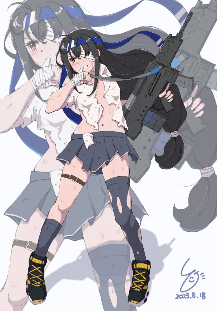 asymmetrical_legwear bandage_over_one_eye bandages black_footwear black_hair blue_headband brown_eyes collared_shirt commentary_request dated dress_shirt full_body grey_skirt grey_socks grey_thighhighs gun hatsushimo_(kancolle) headband kantai_collection ld_(luna_dial398) long_hair low-tied_long_hair partial_commentary pleated_skirt rifle school_uniform shirt shoes short_sleeves signature single_thighhigh skirt sneakers socks thighhighs torn_clothes uneven_legwear weapon white_shirt zoom_layer