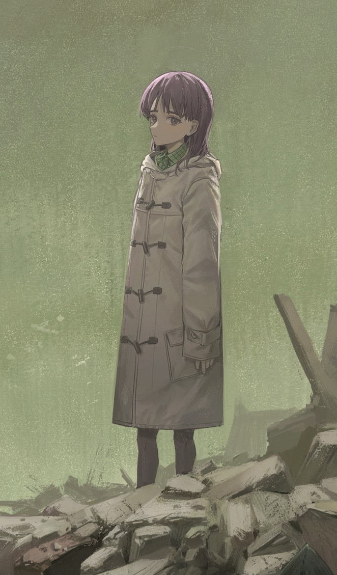 1girl coat duffel_coat expressionless flcl green_background looking_at_viewer ninamori_eri outdoors oversized_clothes purple_eyes purple_hair scarf solo standing subfiction