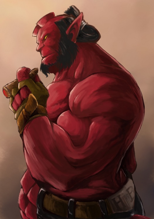 1boy bald_spot bara beard belt biceps blank_eyes broken_horn colored_sclera colored_skin demon_boy demon_horns facial_hair fingerless_gloves from_side frown gloves hellboy hellboy_(comic) horns large_ears leather looking_ahead male_focus mature_male monster_boy muscular muscular_male otsukimi pectorals pointy_ears red_skin solo standing topless_male yellow_sclera