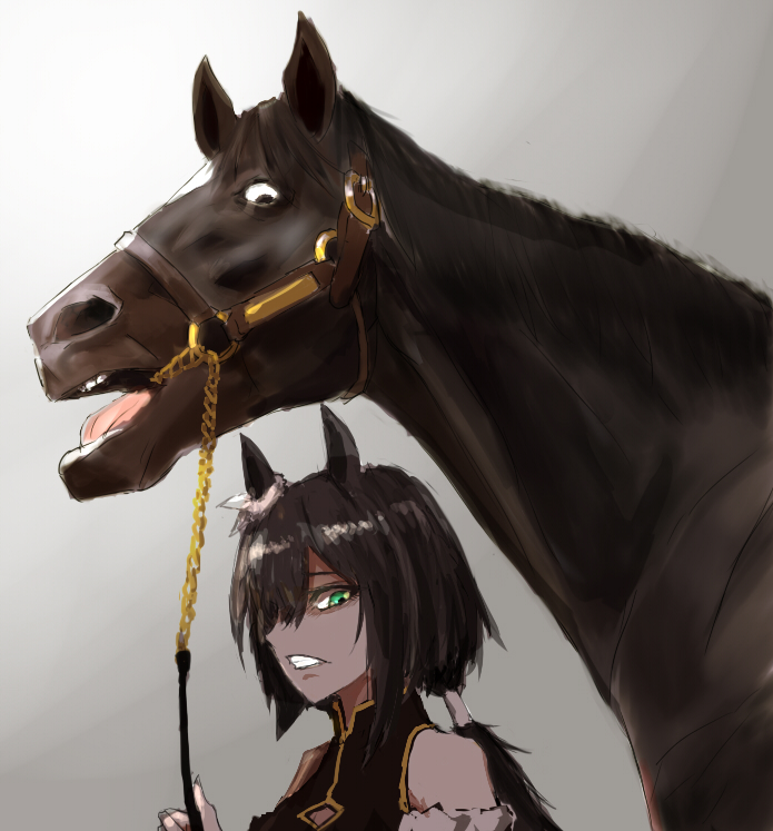 1girl 1other bare_shoulders black_hair braid bridle creature_and_personification crown_braid fantomyu from_side gradient_background green_eyes horse horse_girl kin'iro_ryotei_(umamusume) long_hair low_ponytail open_mouth real_life simple_background stay_gold_(racehorse) umamusume white_background