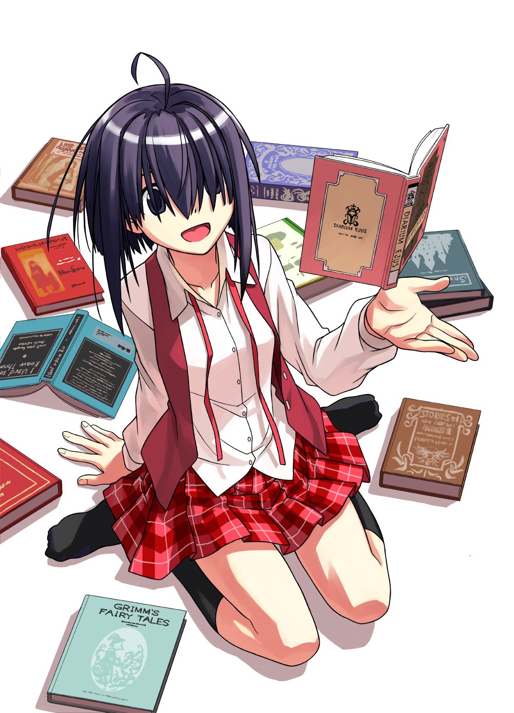 1girl :d akamatsu_ken black_eyes black_socks blue_hair book breasts collarbone dress_shirt english_text floating floating_object from_above hair_over_eyes highres kneehighs long_sleeves looking_at_object magic mahora_academy_middle_school_uniform mahou_sensei_negima! miyazaki_nodoka neck_ribbon no_shoes official_art on_ground open_book open_clothes open_mouth open_vest pile_of_books plaid plaid_skirt pleated_skirt promotional_art reading red_ribbon red_skirt red_vest ribbon school_uniform shirt short_hair short_hair_with_long_locks sidelocks simple_background sitting skirt small_breasts smile socks solo undone_neck_ribbon vest wariza white_background white_shirt