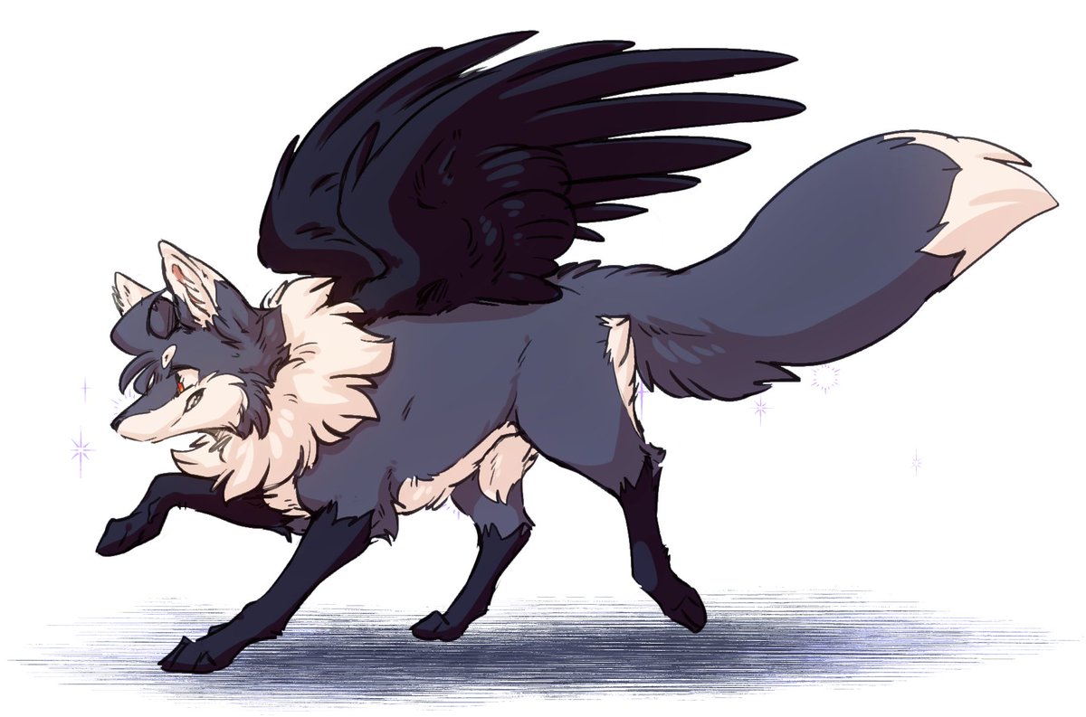 2020 canid canine dipstick_ears dipstick_tail feathered_wings feathers female feral fluffy fox fur grey_body grey_fur ingi ingi_(character) mammal markings multicolored_ears neck_tuft simple_background smile solo sparkles tail tail_markings tuft walking white_background white_body white_fur wings