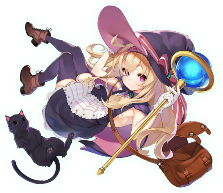 1girl bandaid bandaid_on_knee bandaid_on_leg black_cat blonde_hair breasts brown_footwear cat closed_mouth dress full_body gloves hair_between_eyes hairband hat holding holding_staff holding_weapon little_witch_nobeta long_hair nobeta official_art purple_thighhighs red_eyes scepter shoes simple_background small_breasts staff straight_hair thighhighs transparent_background weapon witch witch_hat zettai_ryouiki