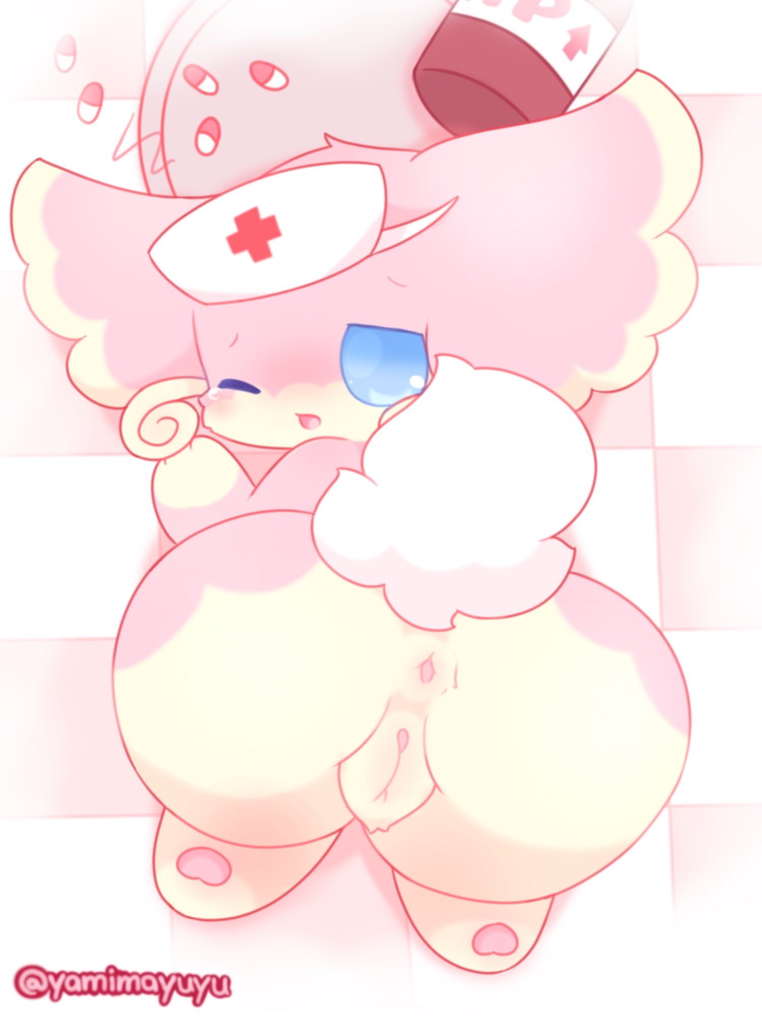 anthro anus ass_up audino blue_eyes clothing digital_drawing_(artwork) digital_media_(artwork) drugs embarrassed female fluffy fluffy_tail fur generation_5_pokemon genitals hat headgear headwear hi_res high-angle_view nakimayo nintendo nurse_clothing nurse_hat nurse_headwear paws pills pink_anus pink_body pink_fur pink_pussy pokemon pokemon_(species) pussy slightly_chubby solo solo_focus tail tan_body tan_fur