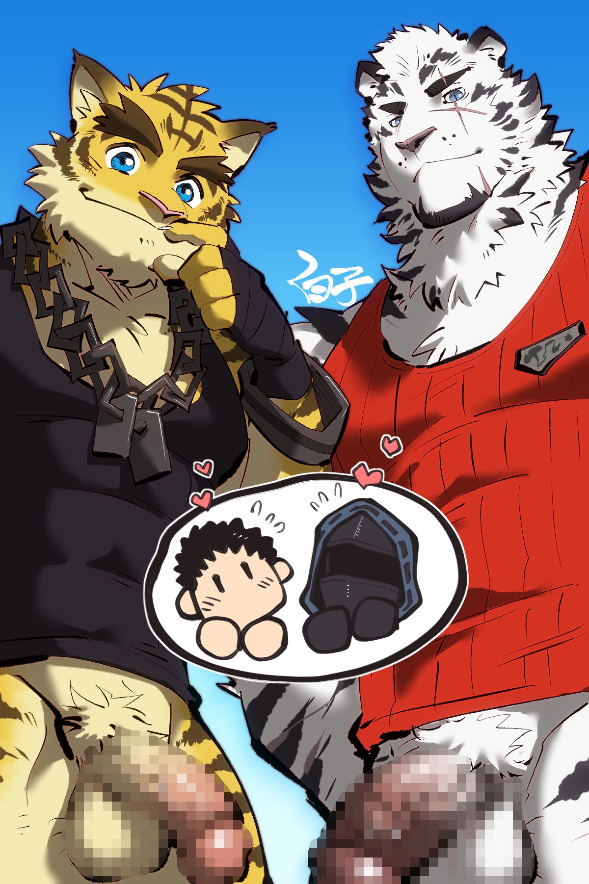 &lt;3 alternate_costume anthro arknights balls blush bottomless censored clothed clothing clothing_swap crossover doctor_(arknights) dog_tags felid flaccid fur genitals group hi_res hiroyuki_(morenatsu) human human_on_anthro hypergryph interspecies male male/male mammal morenatsu mosaic_censorship mountain_(arknights) multicolored_body multicolored_fur muscular muscular_anthro muscular_male offscreen_character pantherine penis pubes shirako shirt signature striped_body striped_fur stripes studio_montagne tank_top tiger topwear torahiko_(morenatsu) white_body white_fur yellow_body yellow_fur
