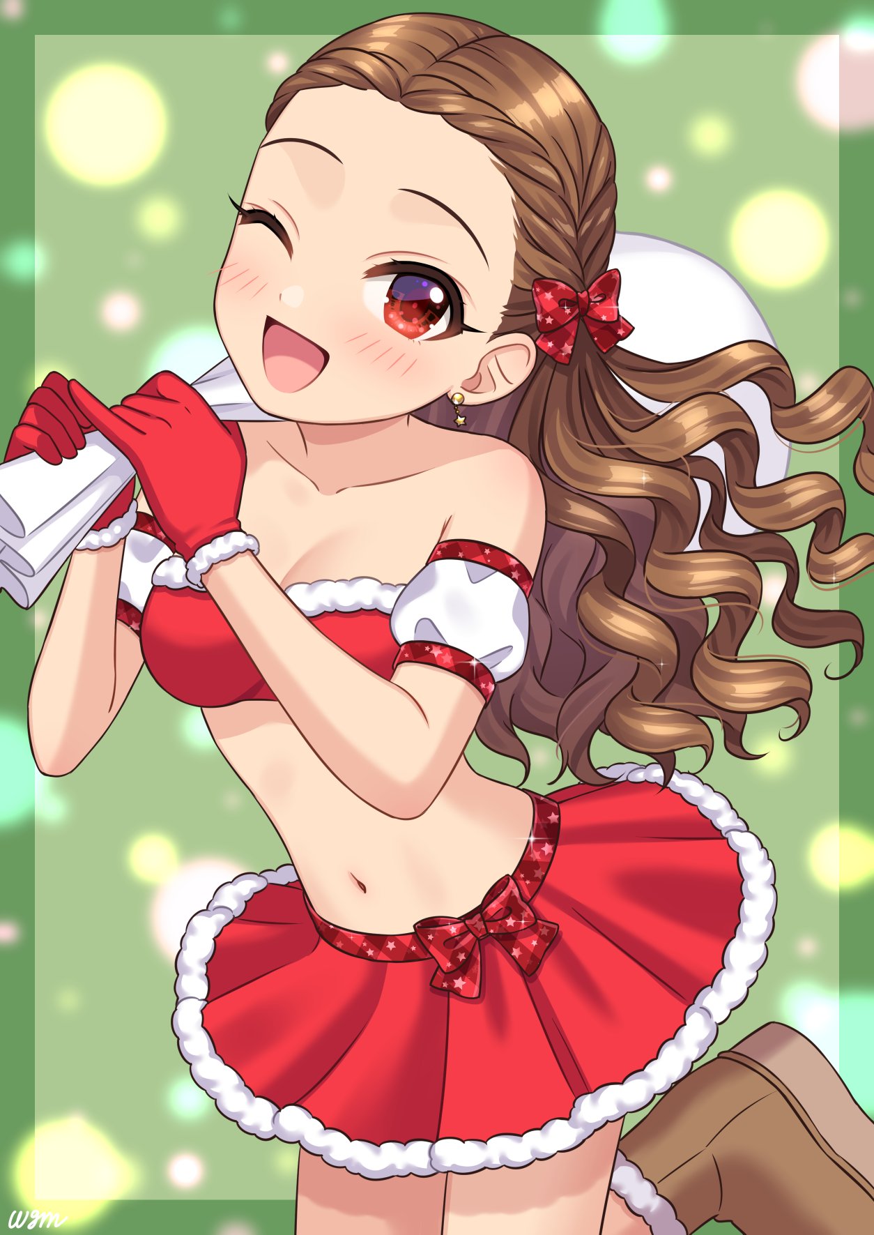 1girl bare_shoulders blush bow breasts brown_footwear bubble_background collarbone commentary crop_top detached_sleeves dress earrings forehead gloves green_background hair_bow highres holding holding_sack idolmaster idolmaster_cinderella_girls jewelry leg_up long_hair looking_at_viewer medium_breasts miniskirt navel one_eye_closed open_mouth red_bow red_eyes red_gloves red_shirt red_skirt sack santa_dress seki_hiromi shirt skirt smile solo star_(symbol) star_earrings stomach wavy_hair wgm_oekaki