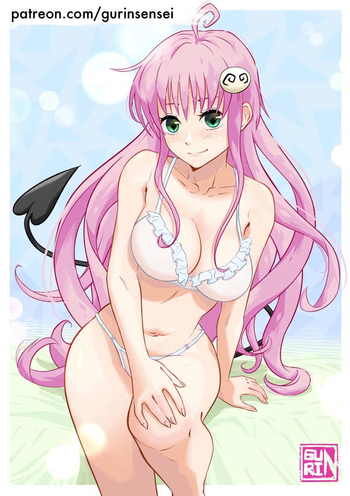 1girl ahoge bra breasts closed_mouth demon_tail green_eyes gurinsensei lala_satalin_deviluke large_breasts long_hair looking_at_viewer navel panties pink_bra pink_hair pink_panties sitting smile solo tail to_love-ru underwear web_address