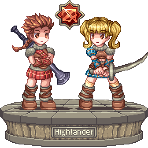 1boy 1girl armor belt blonde_hair breastplate faux_figurine highlander_(tree_of_savior) kilt leg_wrap long_hair midriff pixel_art ponytail shoulder_armor simple_background skirt sword toshi6786 tree_of_savior twintails two-handed_sword weapon white_background