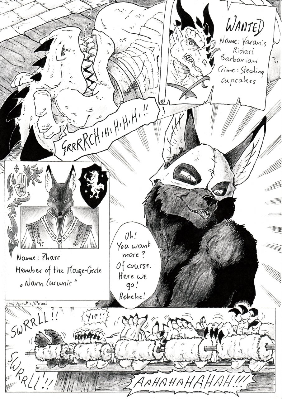 2014 anthro bdsm black_and_white canid canine canis claws clothing comic criminal dialogue dlpeattie dragon dungeon duo_focus english_text eternal.knot exclamation_point executioner_hood eyes_closed feet floor foot_focus group headgear headwear hi_res inside jackal laugh laugh_vocalization looking_at_viewer looking_down lying lying_on_table male mammal monochrome muscular muscular_anthro muscular_male on_back open_mouth plantigrade prick_ears rollers smile snout soles speech_bubble text three_frame_image tickle_fetish tickle_torture tickling tickling_feet tile tile_floor toe_claws toe_curl wanted_poster zharr_j_wolf