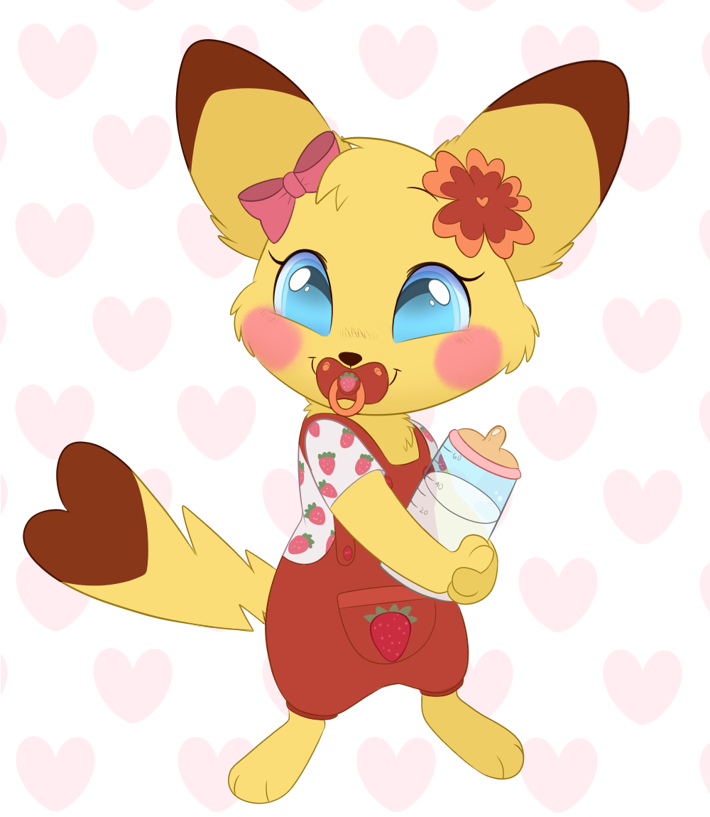 anthro baby_bottle blue_eyes bow_ribbon clothing daww female flower food fruit generation_1_pokemon infantilism ittybittiestpawz milk nintendo object_in_mouth onesie pacifier pacifier_in_mouth pikachu pink_cheeks plant pokemon pokemon_(species) rini_(sweetcupcake) smile solo strawberry