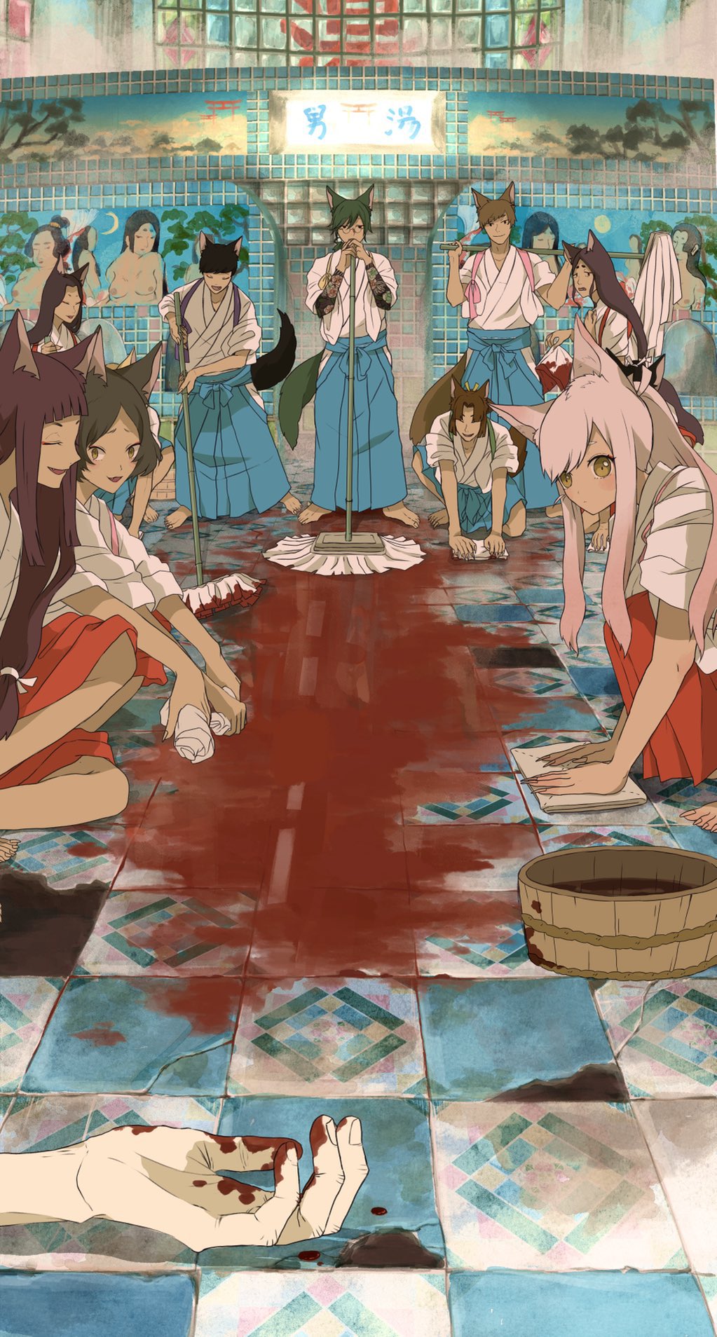 5boys 6+girls animal_ears arm_tattoo barefoot blood blood_on_hands blue_hakama blunt_bangs blush_stickers brown_hair bucket buckle cleaning commentary_request dot_mouth fingernails fox_ears fox_tail from_side green_hair hakama highres holding holding_money implied_death indoors japanese_clothes kimono long_hair looking_at_viewer money mop multiple_boys multiple_girls onsen original parted_bangs pink_hair ponytail purple_hair red_hakama sharp_fingernails sharp_toenails sidelocks smile squatting standing tail tattoo toenails tukuso white_kimono wooden_bucket