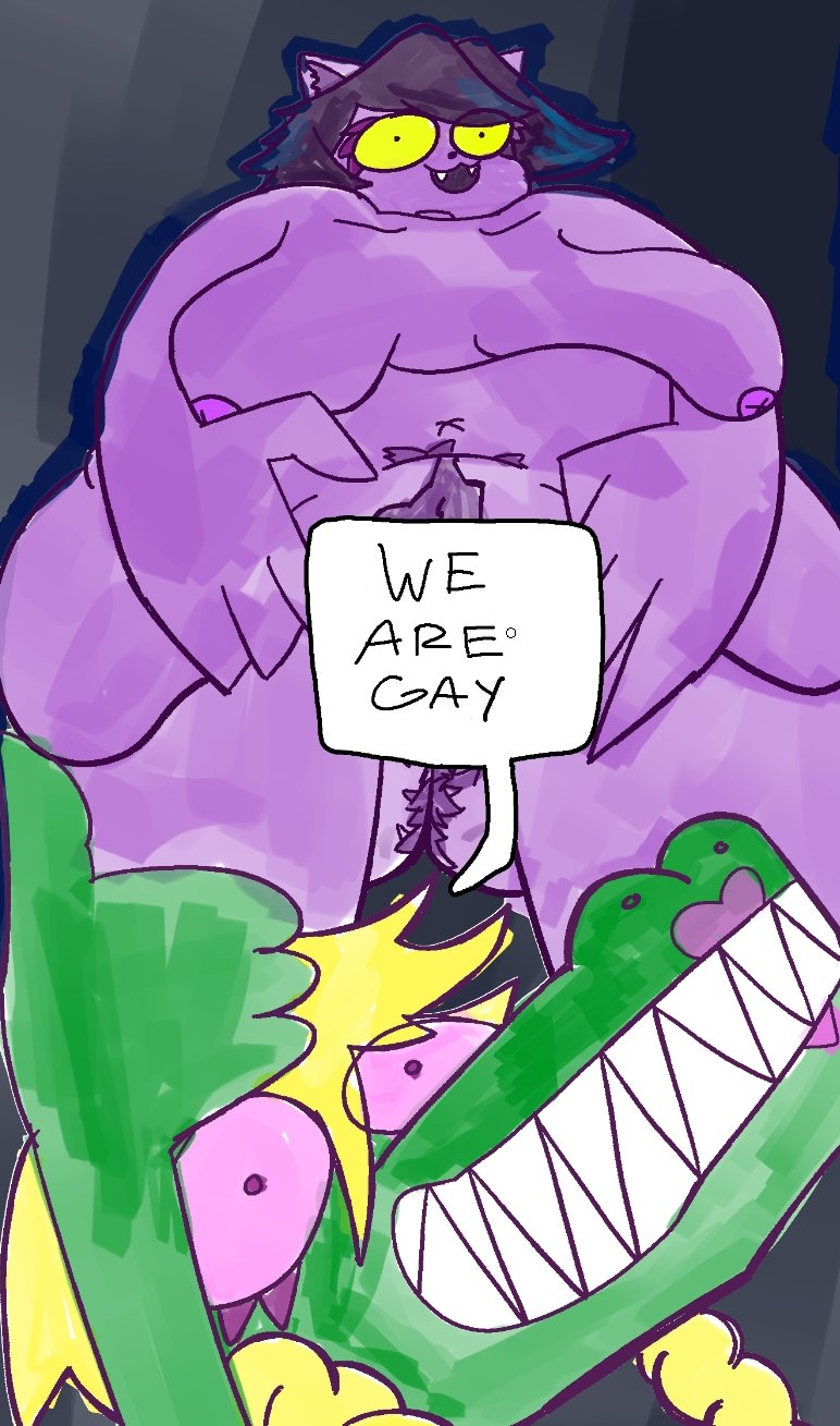 2023 alligator alligatorid anthro areola belly belly_grab belly_overhang big_belly big_breasts big_pubes black_hair blonde_hair blue_highlights body_hair braided_hair bratty_(undertale) breasts butt butt_from_the_front catty_(undertale) censored creative_censorship crocodilian dialogue digital_drawing_(artwork) digital_media_(artwork) domestic_cat duo english_text eyelashes eyelashes_through_hair eyeshadow felid feline felis female female/female fur gesture hair happy happy_trail hi_res highlights_(coloring) huge_breasts lipstick looking_at_viewer low-angle_view makeup mammal morgan_shawty navel nipples nude obese open_mouth overweight overweight_anthro overweight_female portrait presenting pubes pupils purple_areola purple_body purple_fur purple_hair purple_pupils purple_sclera reptile scalie sharp_teeth simple_background sketch smile speech_bubble stated_homosexuality stated_sexuality teeth text thick_thighs thumbs_up translucent translucent_hair undertale_(series) unfinished wide_hips yellow_eyes yellow_sclera