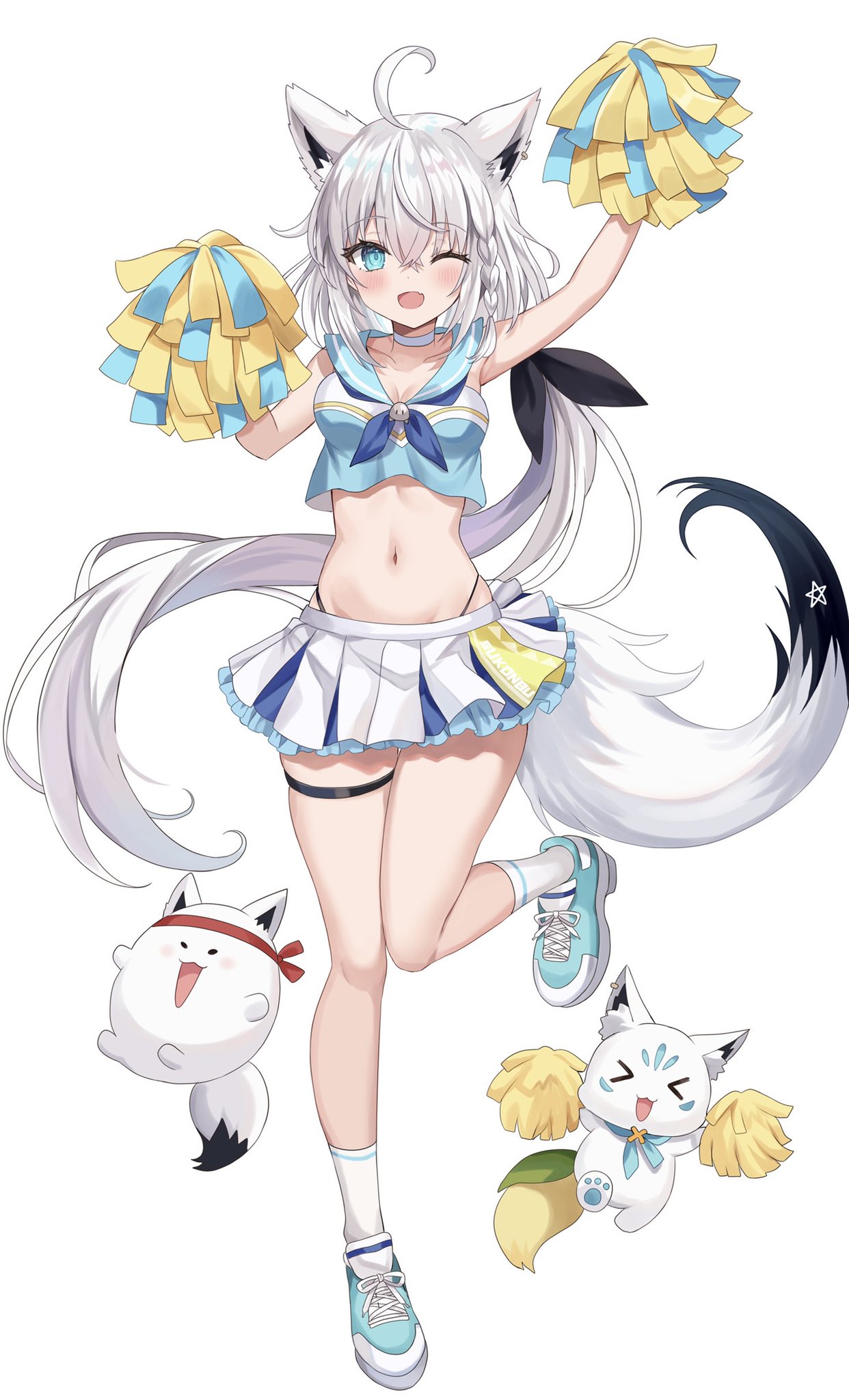 1girl ;d ahoge alternate_costume animal_ears arm_up armpits bare_arms bare_shoulders blue_eyes blue_shirt braid breasts cheerleader choker crop_top crop_top_overhang fox_ears fox_girl fox_tail hand_up highleg highres holding holding_pom_poms hololive leg_up long_hair looking_at_viewer low_ponytail medium_breasts midriff miniskirt navel neckerchief one_eye_closed open_mouth panty_straps pleated_skirt pom_pom_(cheerleading) retsuto sailor_collar shirakami_fubuki shirt shoes simple_background skirt sleeveless sleeveless_shirt smile sneakers socks solo stomach tail thigh_strap thighs very_long_hair virtual_youtuber white_background white_choker white_hair white_skirt white_socks
