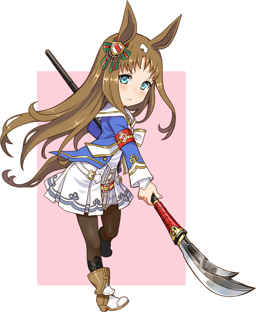 animal_ears black_pantyhose blue_eyes blue_shirt boots brown_footwear brown_hair closed_mouth commentary dress ear_ornament foreshortening frown grass_wonder_(umamusume) holding holding_weapon horse_ears horse_girl horse_tail katahira_masashi legs_up long_sleeves naginata pantyhose pleated_dress polearm sailor_collar sailor_shirt shirt short_dress standing standing_on_one_leg tail umamusume weapon white_dress white_sailor_collar