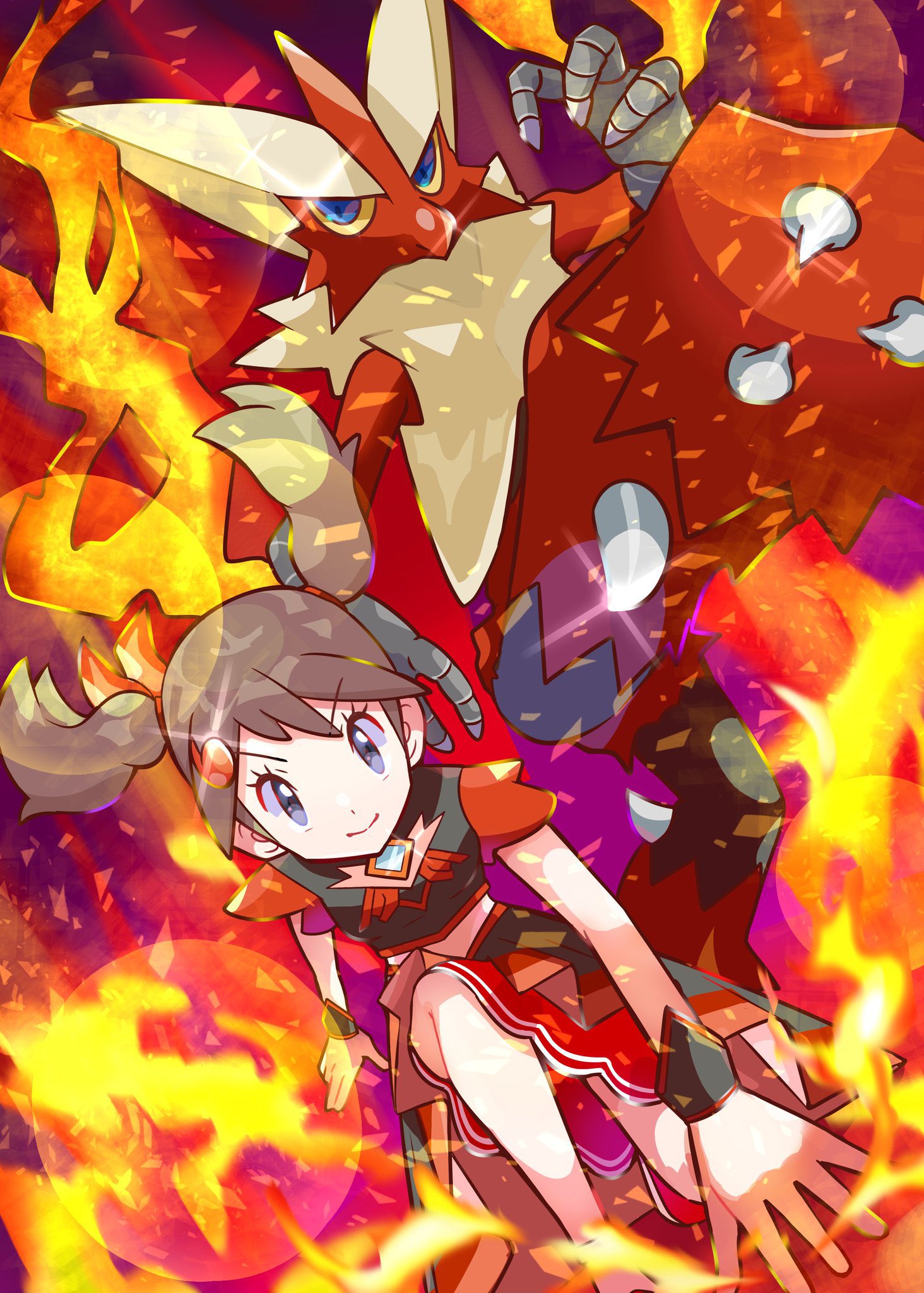1girl alternate_costume blaziken brown_hair closed_mouth fire grey_eyes hair_ornament highres looking_at_viewer may_(pokemon) may_(sygna_suit)_(pokemon) mega_blaziken mega_pokemon monaka_mom official_alternate_costume official_alternate_hairstyle pokemon pokemon_(creature) pokemon_(game) pokemon_masters_ex smile twintails wristband