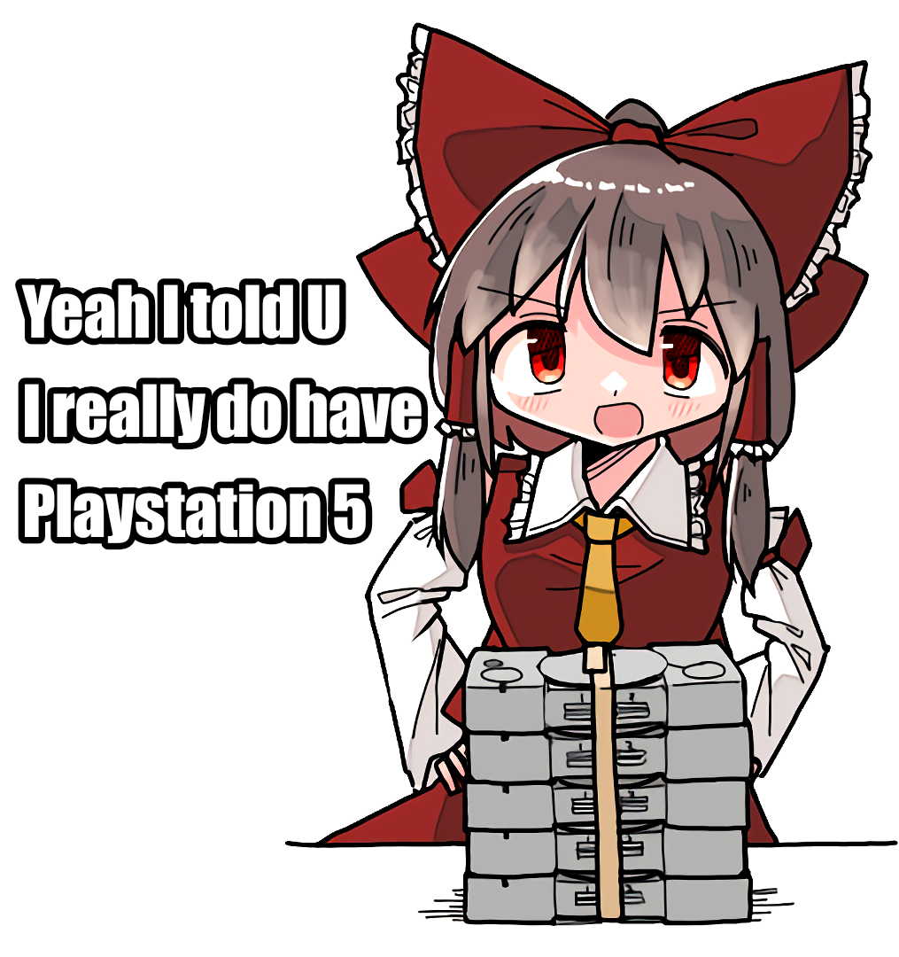 1girl ascot blush bow brown_hair collared_shirt commentary cowboy_shot detached_sleeves english_text frilled_shirt_collar frills game_console hair_bow hair_tubes hakurei_reimu hands_on_own_hips impact_(font) kasuya_baian looking_at_viewer medium_hair open_mouth playstation_1 red_bow red_eyes red_shirt red_skirt shirt sidelocks simple_background skirt skirt_set sleeveless sleeveless_shirt smile solo standing tareme touhou v-shaped_eyebrows white_background white_sleeves yellow_ascot