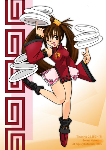 boots brown_eyes brown_hair china_dress chinese_clothes dress guilty_gear guilty_gear_x hair_ornament hairclip kinomin kuradoberi_jam long_hair lowres one_eye_closed red_dress standing standing_on_one_leg