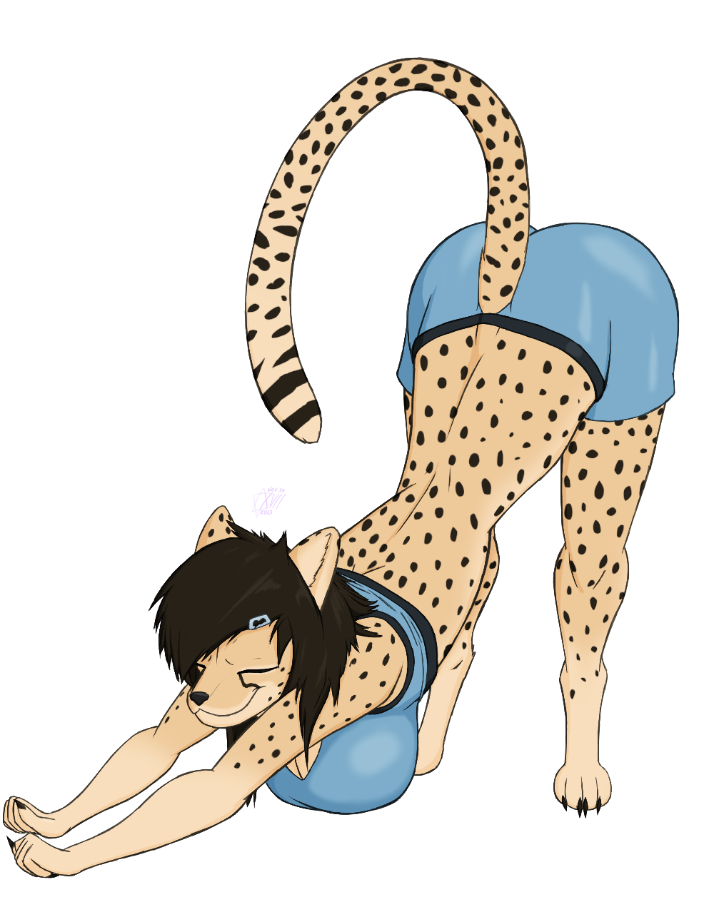 accessory anthro bra cheetah clothing felid feline female hair_accessory hairpin hi_res mammal solo sports_bra stretching underwear xvii_(artist)