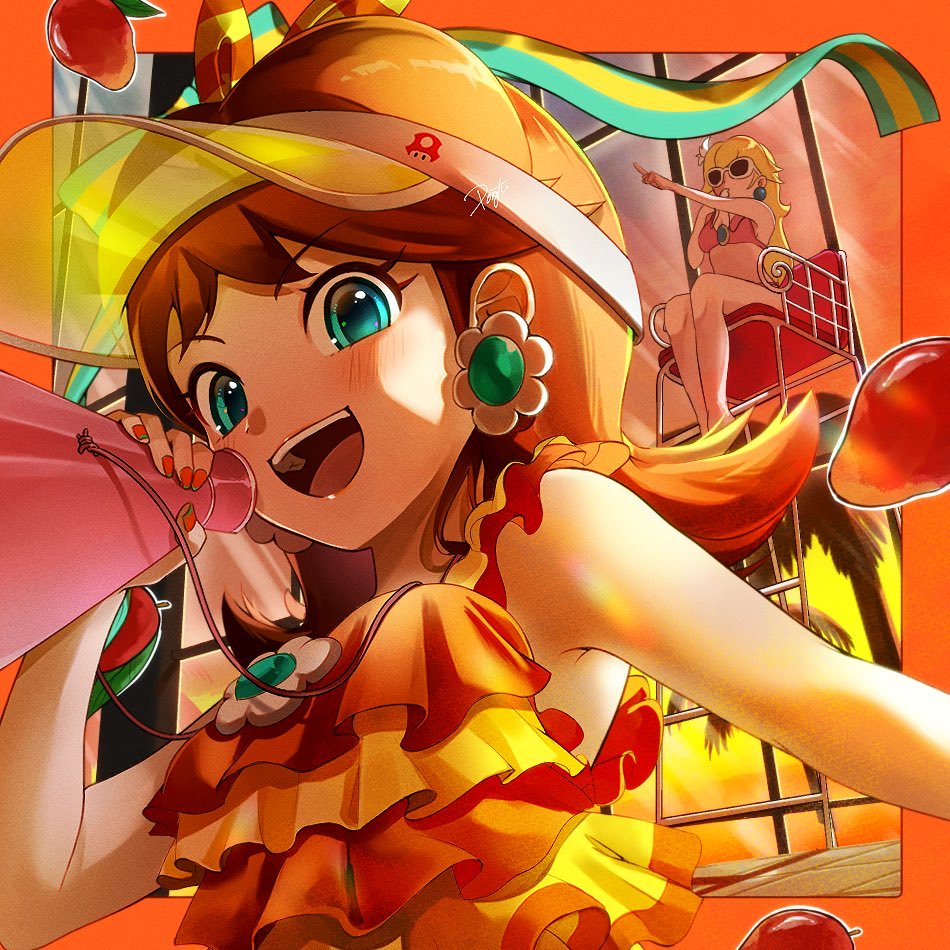 blonde_hair blowing_whistle blue_eyes blush brown_hair earrings eyelashes flower_brooch flower_earrings holding holding_megaphone jewelry lifeguard_tower looking_at_viewer mango mario_(series) megaphone open_mouth pearl_earrings pointing pointing_at_another ponfu_y princess_daisy princess_peach smile summer sunglasses super_mushroom swimsuit visor_cap whistle