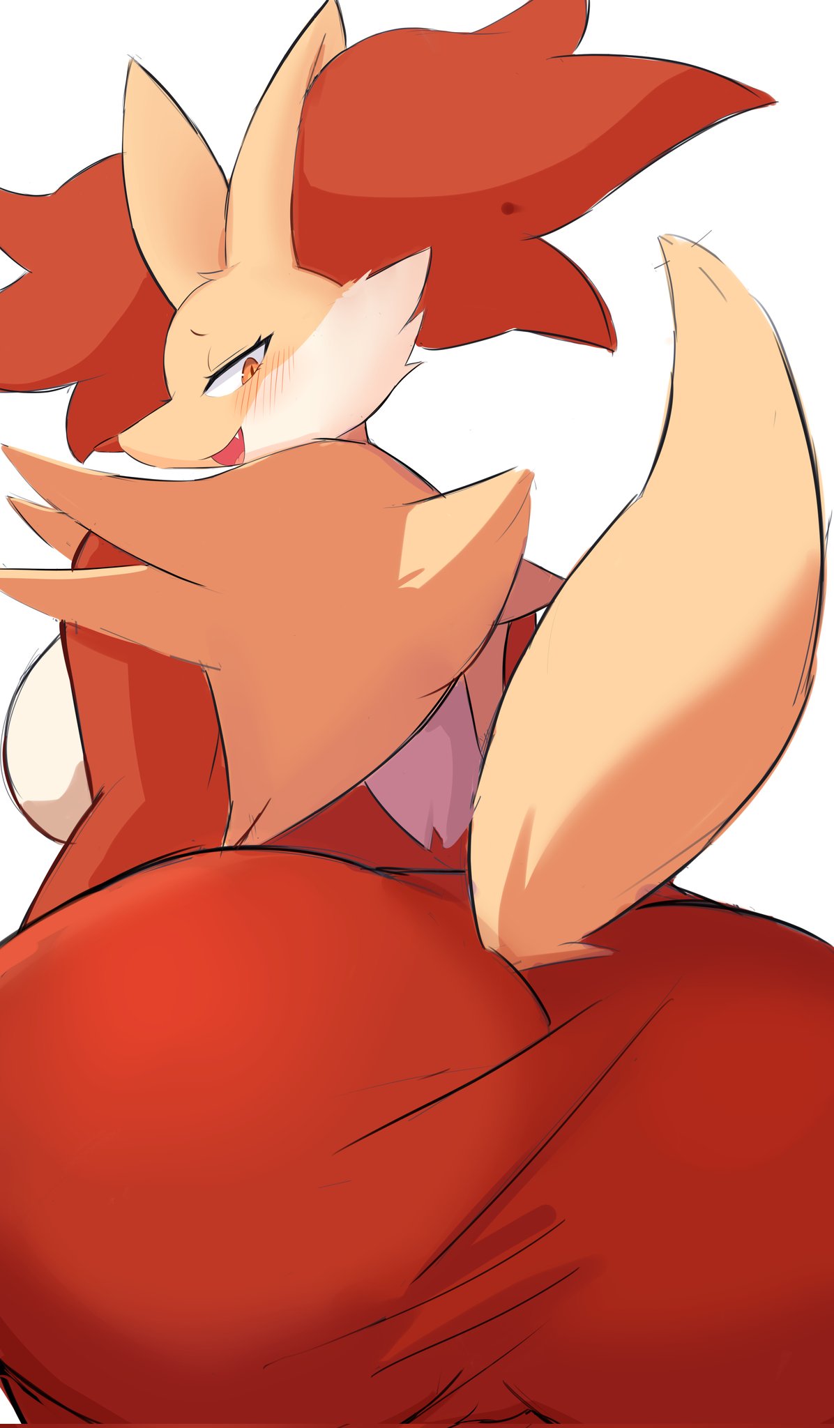 anthro big_breasts big_butt breasts butt butt_focus cute_fangs delphox female fur generation_6_pokemon hair hi_res huge_breasts huge_butt looking_at_viewer looking_back naughty_face nintendo nojaaaaaaaarori open_mouth orange_eyes pokemon pokemon_(species) pseudo_clothing raised_tail red_body red_fur red_hair side_boob smile solo tail white_body white_fur wide_hips yellow_body yellow_fur