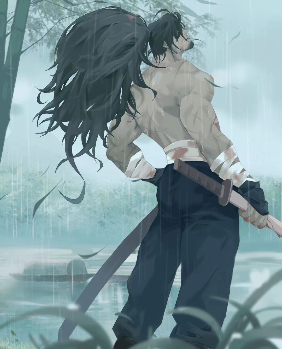 1boy back bamboo bandaged_arm bandages bara black_gloves black_hair black_pants blood blood_on_bandages blood_on_hands blood_on_weapon facial_hair falling_leaves fingerless_gloves gloves goatee hair_over_eyes highres holding holding_sword holding_weapon leaf league_of_legends lixiao6342 long_hair male_focus mature_male midriff_sarashi muscular muscular_male outdoors pants ponytail rain river sarashi scar scar_on_arm scar_on_back sideburns solo sword topless_male unsheathed weapon wet wide_ponytail yasuo_(league_of_legends)